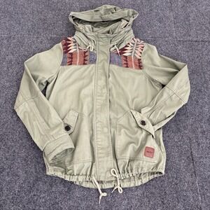 Roxy Zip Front Jacket with Navajo Print Shoulder-Hide away Hood-Green-SZ Small